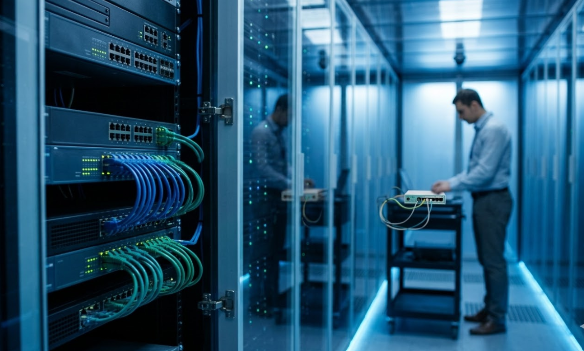 Ayansh Infocom networking hardware display featuring Mikrotik Routerboards, industrial server racks, and network switches for modern business connectivity.