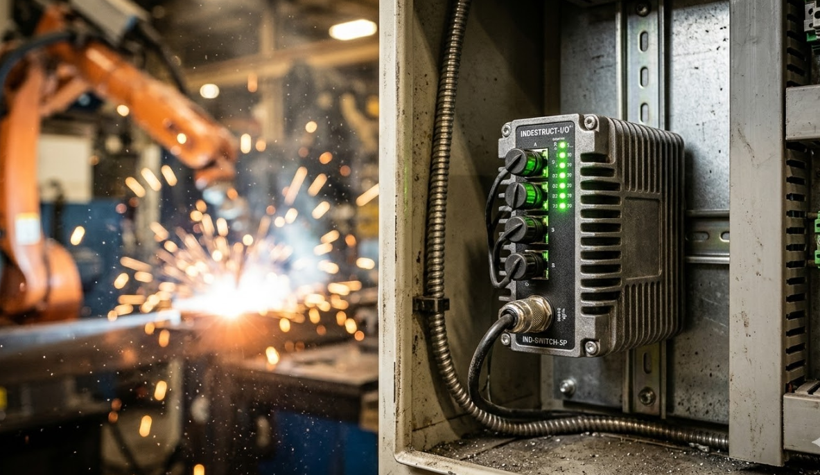 A rugged industrial switch with glowing green LEDs mounted on a DIN rail in a factory with welding sparks in the background.