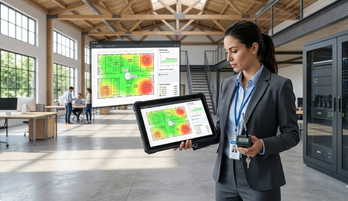 A network engineer analyzing a Wi-Fi heat map on a tablet during a wireless site survey in a warehouse.