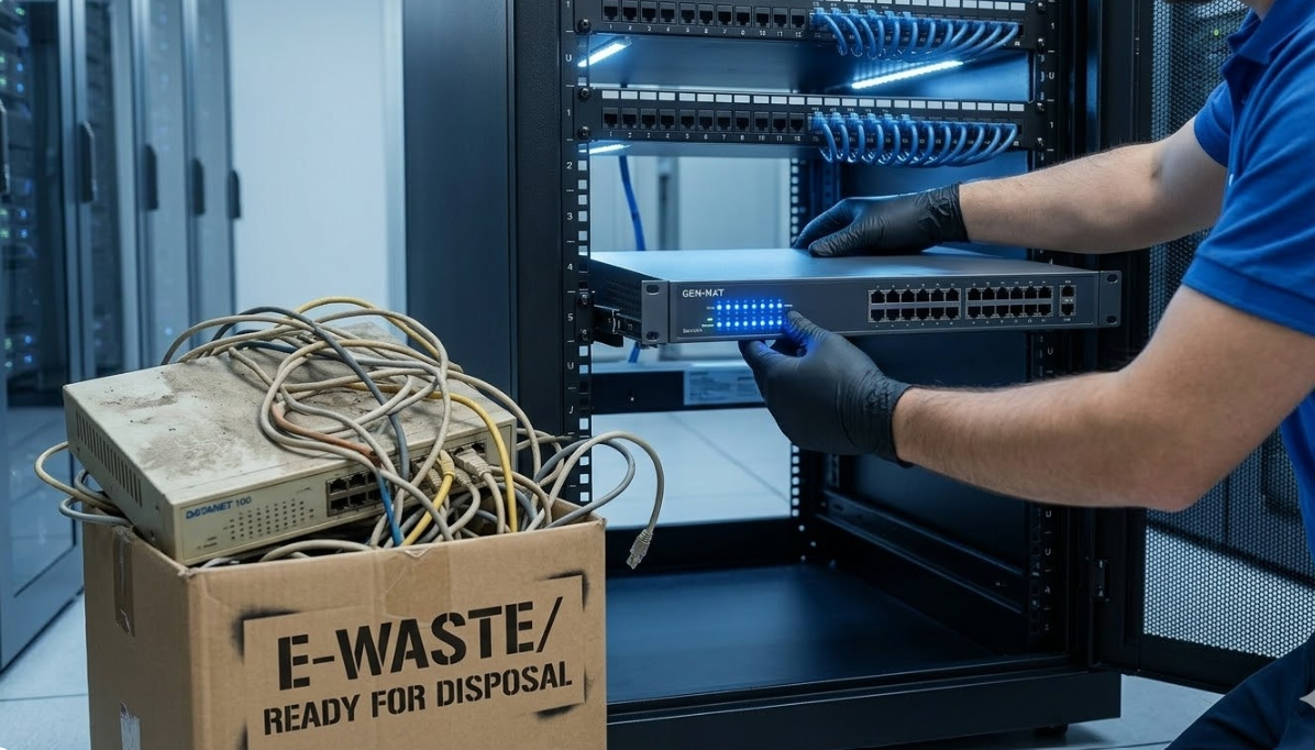 An IT technician installing a new modern network switch into a rack while an old legacy switch sits ready for disposal.