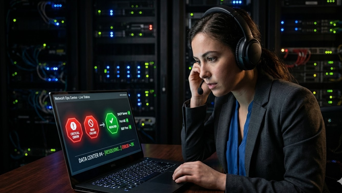 An IT engineer troubleshooting network errors on a laptop screen, resolving red warning icons.
