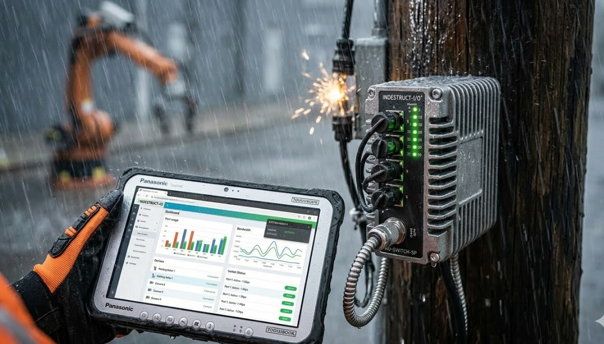 A technician managing a waterproof smart switch via a tablet during a heavy rainstorm.