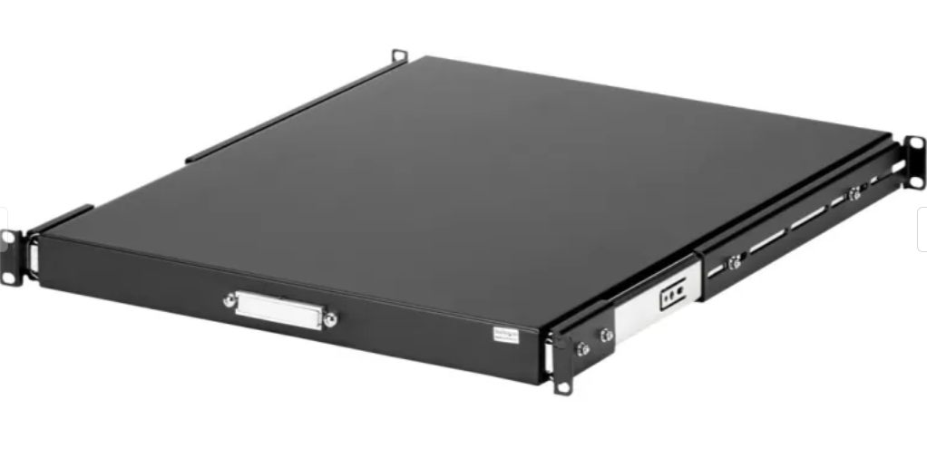 A server rack displaying accessories like a sliding keyboard tray, shelf, and blanking panels.