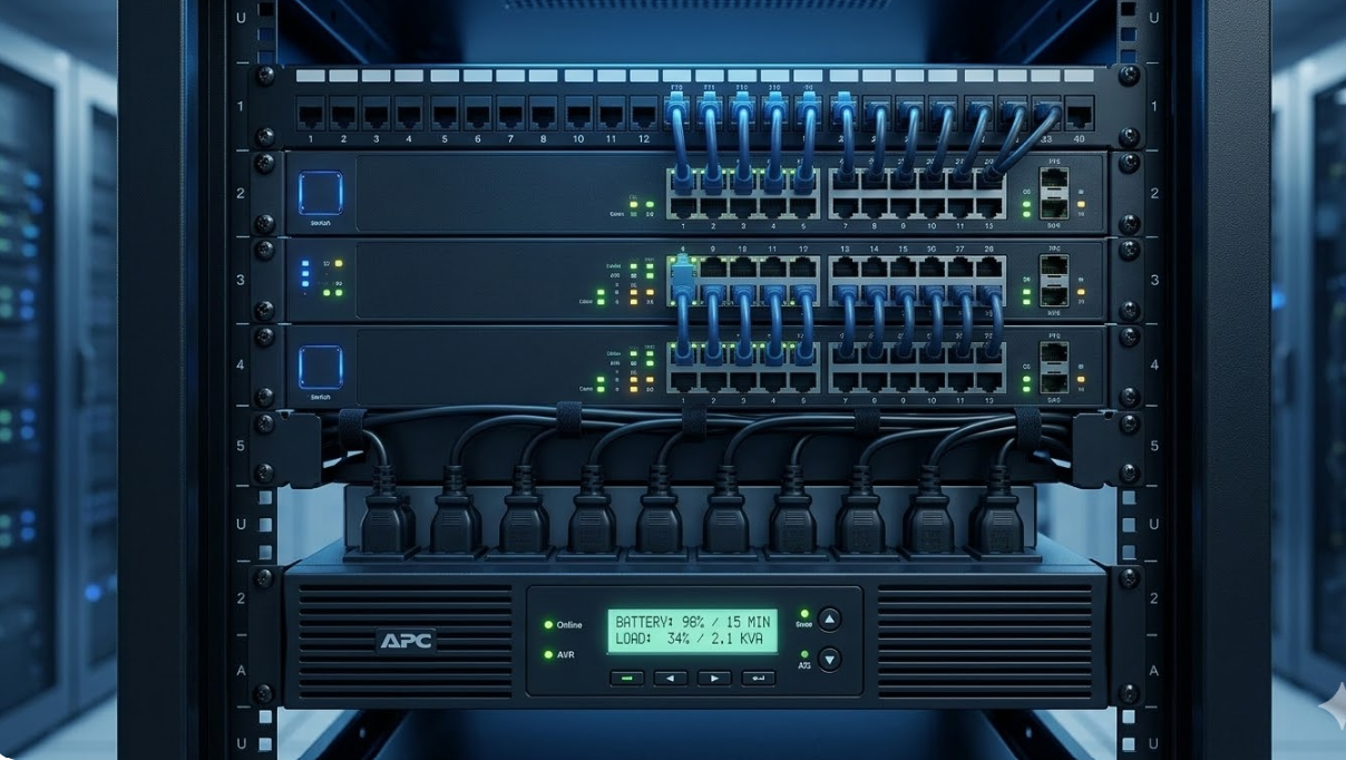 A digital visualization showing the connection path from a network patch panel to a VoIP desk phone.